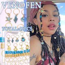 42Pcs Ocean Starfish Shell Pearl Hair Jewelry Set Gold Braid Charms Blue Dreadlock Cuffs Rings Loc Accessories Boho Beach Hair Decorations For Girls Summer Festival - Blue - View 4