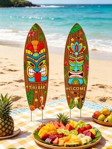 2pcs - Caveman Floor Decals, Hawaiian Totem Pole, Hawaiian Totem Statue Welcome Sign With Stand, Skateboard-Shaped Floor Plug-In Polynesian Surfboard Style - Upright Welcome Sign With Hawaiian Dancer And Palm Tree Pattern, Suitable For Beach Party Decor, Hawaiian Decor, Theme Party, Party Decoration, Home Decor, Photo Props - B - View 10