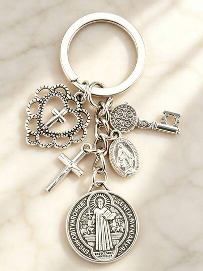 1pc Religious Themed Keychain | St. Benedict Medal Keychain, Multi-Pendant Cross Charm, Can Be Used As Bag/Phone Decoration, Protective Amulet, Exquisite Creative Gift For Family And Friends