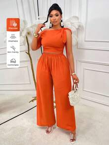 AIJ Women's Casual Orange 2-Piece Set, Plus Size Asymmetric Bow Top With Pleated Waist Pants, Suitable For Dates And Daily Wear Elegant Summer - Orange - View 3