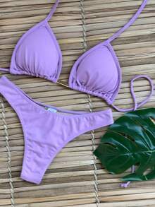 Basic String Bikini With Padded Cups - Sizes S, M, L, XL - Lilac Purple - View 3