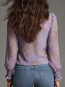 Vintage Design Elegant Vacation Style Baroque Paisley Floral Ruffle Zip Chiffon Blouse, All-Over Floral Print Chiffon Zip Sheer Blouse For Daily & Holiday Wear, Spring/Summer - Light Purple - View 5