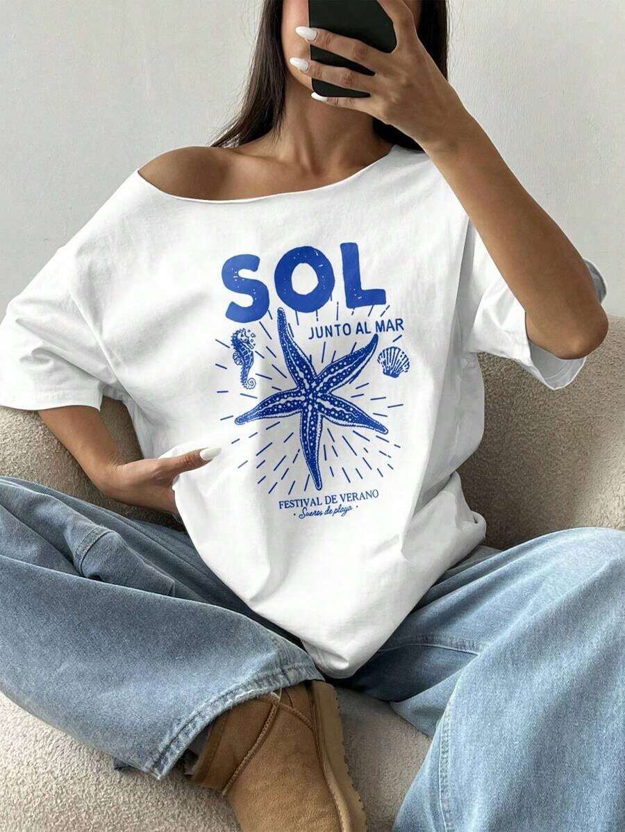Camiseta holgada de manga corta de verano con cuello asimétrico y estampado de vida marina (caballito de mar, estrella de mar, conchas marinas), camiseta de corte holgado para el ocio de verano. - Blanco 2 - Ver 1