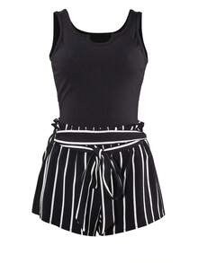 Camiseta sin mangas corta acanalada para mujer y pantalones cortos con cinturón y estampado a rayas, conjunto de pantalones cortos y sin mangas y cuello redondo cómodos ajustados - Negro - Ver 2