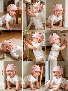 Mũ chống ngã hình gấu hoạt hình cho bé, mũ bảo hiểm an toàn điều chỉnh được cho bé, mũ lưới 3D thoáng khí chống va chạm, mùa hè, màu nâu/hồng. - Hồng - Xem 6