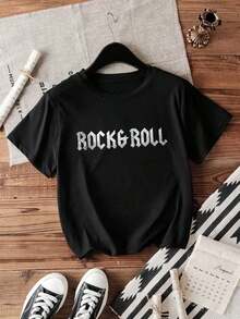 Women's Fitted Crew Neck T-Shirt With Vintage English Rock And Roll Slogan Print, Suitable For Music Lovers, Country Music Fans, Everyday Casual Wear, Summer Black - 黑色 - 查看 9