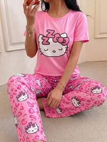 SANRIO 两件套 Hello Kitty 图案女士睡衣套装，柔软短袖上衣和长裤，可爱舒适的家居服 - 玫紅色 - 查看 2
