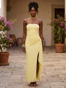 Women's Summer Strapless Dress High Split Side Drape Stylish Solid Color Backless Tube Long Dress - 黃色 - 查看 5