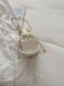 Fashionable Pearl Embossed Drawstring Box Crossbody Bag, Pearl Bag - 卡其色 2 - 查看 10
