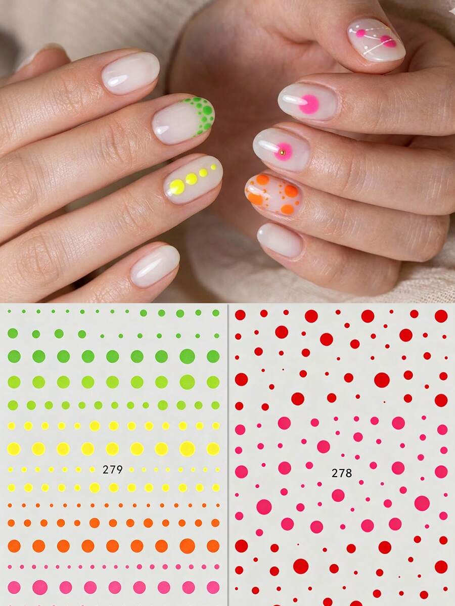 2 miếng dán móng tay họa tiết chấm bi cầu vồng ombre phong cách retro - Hình dán móng tay chấm bi nhiều màu sắc Dopamine - Thích hợp cho mùa xuân/hè, lễ hội âm nhạc, tiệc retro, đêm disco - Tự tay trang trí móng tay.