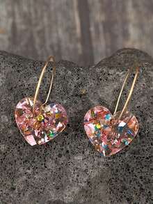 1 Pair Elegant Minimalist Sparkling Random Color Heart Pendant Earrings, Suitable For Daily, Commute, Date, Party - Christmas, New Year, Valentine's Day, Great Gift For Women, Friends. Slight Color Difference Is Normal. - Pink - View 5