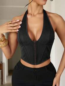 Apperloth A Sexy Deep V-Neck Bustier Camisole, With Underwire, Front Tie, Back Tie, Cropped Party Cami Black Summer - 黑色 - 查看 6