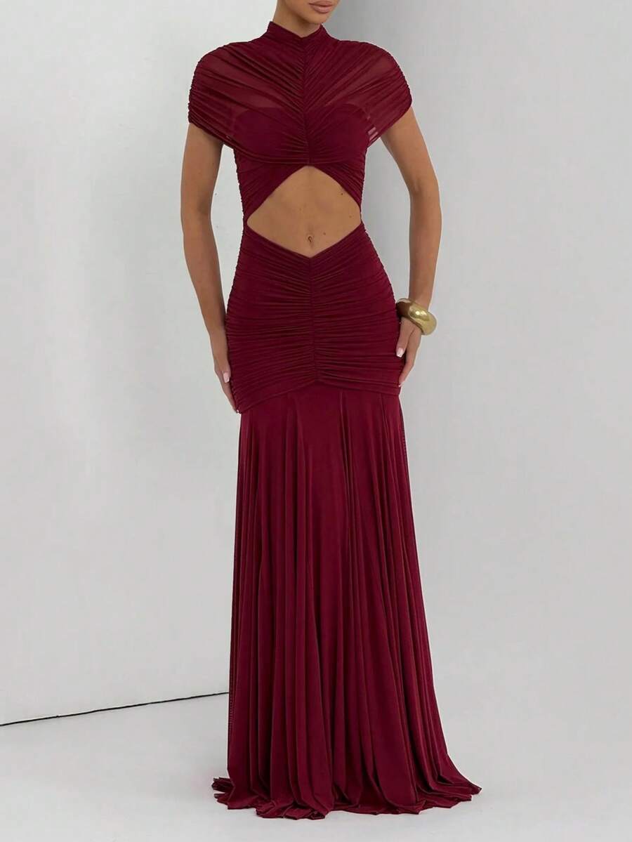 Solid Color Pleated Hollow Out Design Elegant Waist Fitted Bridesmaid Dress, Suitable For Weddings And Banquets