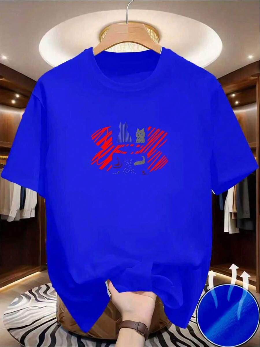 Esta camiseta de manga corta presenta un estampado de graffiti abstracto visualmente llamativo que actúa como su punto focal, con líneas dinámicas que transmiten un toque artístico. - Azul - Ver 1