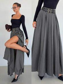 Falda plisada gris para mujer, falda larga de estilo "Old Money" de cintura alta con doble cinturón y bolsillos laterales con abertura, adecuada para uso formal, casual, trabajo, fiesta, viajes, negocios, docencia y uso diario, una prenda imprescindible para otoño e invierno - Gris Oscuro - Ver 1