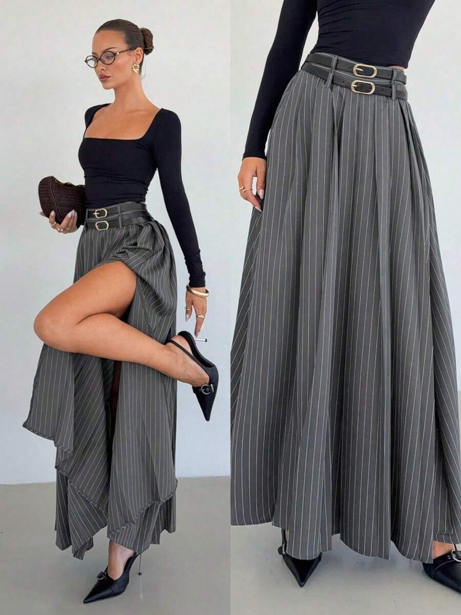 Falda plisada gris para mujer, falda larga de estilo "Old Money" de cintura alta con doble cinturón y bolsillos laterales con abertura, adecuada para uso formal, casual, trabajo, fiesta, viajes, negocios, docencia y uso diario, una prenda imprescindible para otoño e invierno - Gris Oscuro - Ver 1