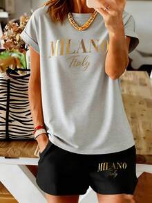 Conjunto de Mujer con Estampado de Letras de Milán - Manga Corta y Pantalones Cortos -  de Moda Femenina Casual y Cómoda - negro oscuro - Ver 4