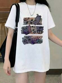 Playera negra para mujer cuello redondo corte holgado estilo japonés, manga corta con lindo estampado de gato caricatura, muy cómoda y versátil para primavera y verano, look juvenil super trendy ideal para uso diario y salidas relajadas. WATQ - Blanco - Ver 3
