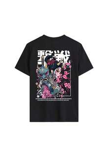 Women's Vintage Japanese "Oni Girl" Style T-Shirt, Standard Size With Sakura Print, Comfortable Short Sleeve T-Shirt, Unique Round Neck, Anime Inspired Urban Style Summer Casual Clothing, Black. - 黑色 - 查看 3