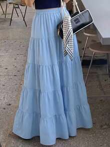 Falda larga con volantes en el bajo, de estilo EARO, de tela multicapa en azul claro, elegante, versátil y de moda para mujer - Celeste - Ver 2