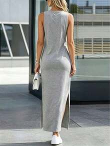 Vestido de punto casual de mujer con cuello redondo y dobladillo con abertura lateral en gris claro - Gris Claro - Ver 6