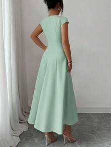 Vestido Midi Verde Oliva para Mujer , Cuello Cuadrado, Cintura Ajustada, Corte en A, Manga Corta, para Verano, Fiesta de Té, Trabajo, Playa, Vacaciones, Festival de Música, Cerveza - verde menta - Ver 2