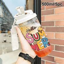 1個/5個 500ml「Hello Summer」主題塑膠杯附吸管、掛繩與防漏蓋，透明冰咖啡杯印有可愛火烈鳥、西瓜和冰淇淋圖案，適合夏季日常使用，是女孩和海灘愛好者的絕佳禮物 - 多色-組合summer - 查看 9