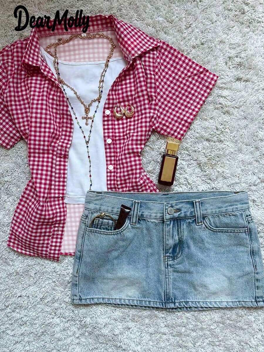 DEAR MOLLY Countryside French Style Sweet Cute Top, Red Plaid Short Sleeve Shirt, Suitable For Spring/Summer Casual Outings - Red - View 1