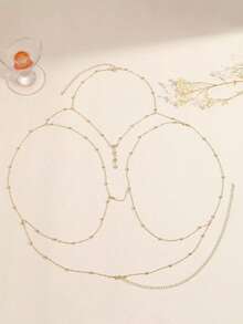 1pc Sexy Rhinestone Tassel Multi-Layer Body Chain, Women's Party/Beach/Daily Accessory, Suitable For Dates, Vacation, Summer - Gold Necklace + Body Chain - View 5