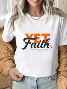 Camiseta de manga corta con cuello redondo para mujer, camiseta Yet Faith con cita cristiana inspiradora, camiseta de algodón negra para mujer, ropa motivadora de fe y esperanza, regalo para creyentes. Los estampados divertidos son adecuados para fiestas de Navidad, actividades deportivas, fiestas de vacaciones, salidas, deportes y otros regalos navideños (220g). - Blanco - Ver 4