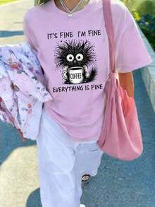 Women's Short-Sleeved T-Shirt With A Round Neck And Simple Slogan Print, Casual Summer Style, Loose Fit, Ideal For Everyday Wear And Holidays. Women's T-Shirt. - 淡紫色 - 查看 3