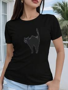 Camiseta de manga corta para mujer de corte regular - Dibujo geométrico 2D Estampado de gato genial Adorno de ojo azul Moda Llamativa Casual Manga corta Cuello redondo Top Versátil para todas las estaciones Múltiples colores y tamaños disponibles Moda de vacaciones Estética retro Transpirable - Negro - Ver 6