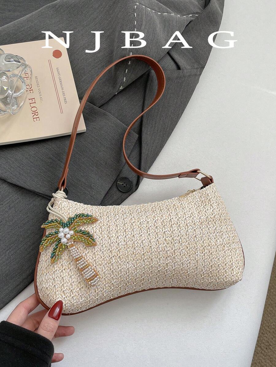Small Fashionable Solid Color Maple Leaf Decor Woven Crescent Handbag, Tote Bag, Beach Bag, Casual Woven Bag, Phone Pouch (Pendant Design May Vary)