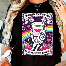 Camiseta Casual de Mujer Talla Grande, Estampado, Cuello Redondo, Manga Corta, Tejido Ligeramente Elástico, Estilo Regular, Cómoda para Todas las Estaciones, Ropa de Mujer - Negro - Ver 1