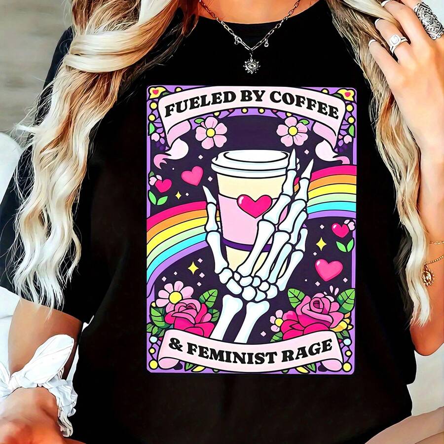 Camiseta Casual de Mujer Talla Grande, Estampado, Cuello Redondo, Manga Corta, Tejido Ligeramente Elástico, Estilo Regular, Cómoda para Todas las Estaciones, Ropa de Mujer - Negro - Ver 1