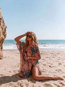 Women's Floral & Leaf Print Beach Cover Up Kimono Vacation Summer - Nhiều màu - Xem 6