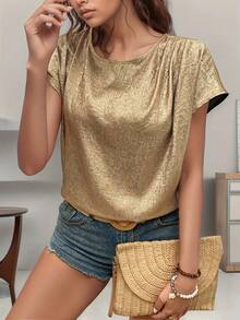 Camisa elegante dorada holgada con cuello redondo para mujer, Top con cuello cómodo y elegante a la moda direcciada para mujer - Aire - Ver 3