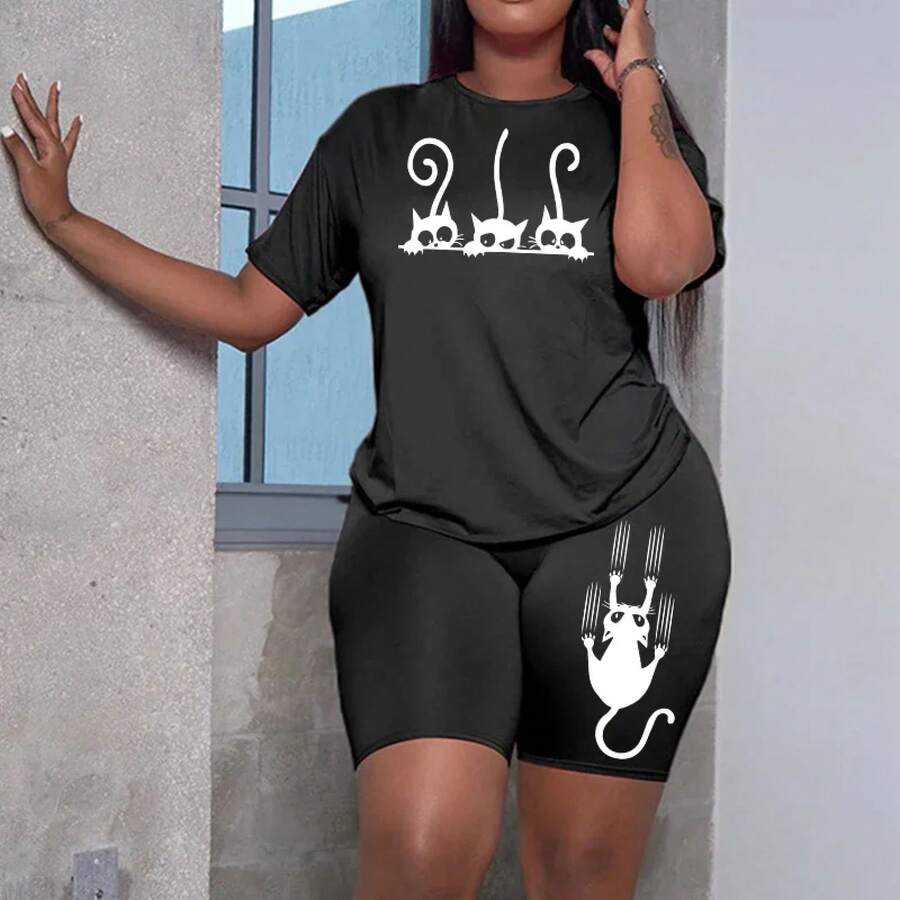 Conjunto de Dos Piezas de Ropa Casual de Verano para Mujer, Camiseta de Manga Corta con Cuello Redondo y Pantalones Cortos, Conjuntos Combinados en Oferta - Negro - Ver 1