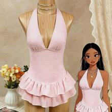 White & Pink Textured Fabric Halter Neck Deep V-Neck Backless Double Ruffle Hem Beach Pool Party Cute & Sweet Style Women Swimsuit Skirt Women Vacation Outfit Sets Women's Summer Outfits Halter Neck Swimwear Women Vacation Outfits Pool Party Outfit For Women 2 Pieces Outfit Women - Azul y blanco - Ver 2