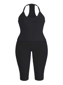 LovelyWholesale Plus Size Women'S Casual V-Neck Rib Knit Vest And Skinny Capri Pants Solid Color Two Pieces Set Summer Clothing Four Season Clothes For Women - Black - View 3