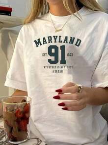 Free  de manga corta para mujer con cuello redondo, corte holgado, diseño de letras, estilo casualHolidayNigh - Blanco - Ver 7
