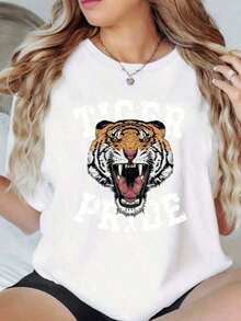 1 Piece Women's Oversized Loose Fit TIGER PRIDE Print T-Shirt - Casual Polyester Fabric With Crew Neck, All Season Comfort, Festive Top, 1 Piece, 200gsm 180g 100% Soft Cotton - 白色 - 查看 1