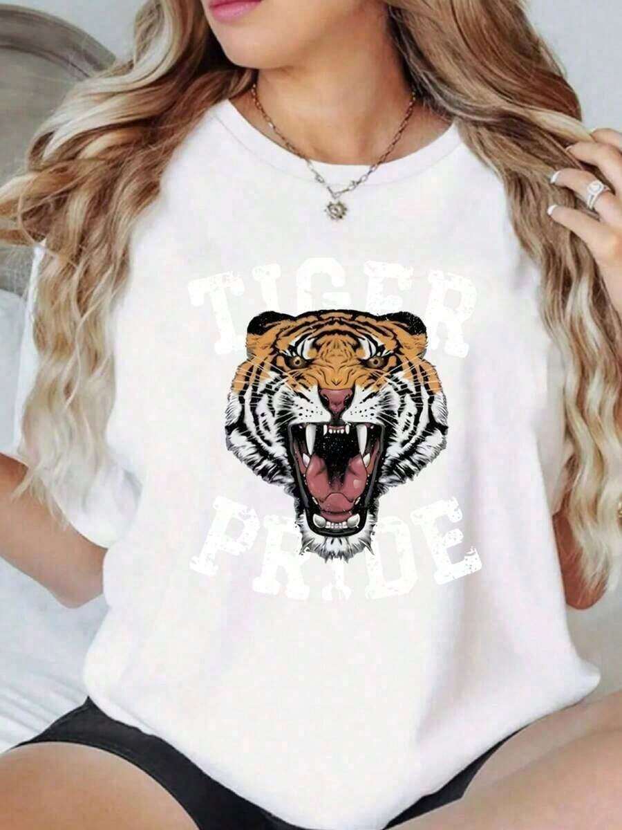1 Piece Women's Oversized Loose Fit TIGER PRIDE Print T-Shirt - Casual Polyester Fabric With Crew Neck, All Season Comfort, Festive Top, 1 Piece, 200gsm 180g 100% Soft Cotton - 白色 - 查看 1