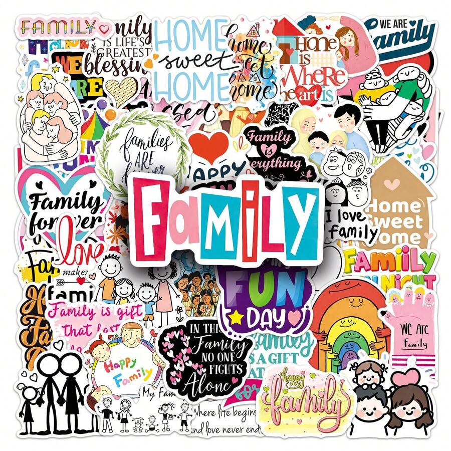 50 PIEZAS Pegatinas familiares surtidas, pegatinas divertidas, pegatinas de amor para botellas de agua, guitarras, equipaje, teléfonos, estuches, portátiles, monopatines, suministros de scrapbooking, regalos - A - Ver 1