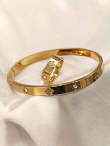 1/2pcs Stainless Steel 18K Gold Plated Four-Leaf Clover Bracelet & Ring Set, Rhinestone Inlaid, Luxury Jewelry Wedding Accessories - Gold - View 7