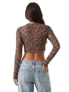 Women's Sheer Crop Tops Mesh Slim Fit Casual Lettuce Trim Dot/Plaid/Floral Stylish Crew Neck Long Sleeve T-Shirt - Marrón - Ver 6