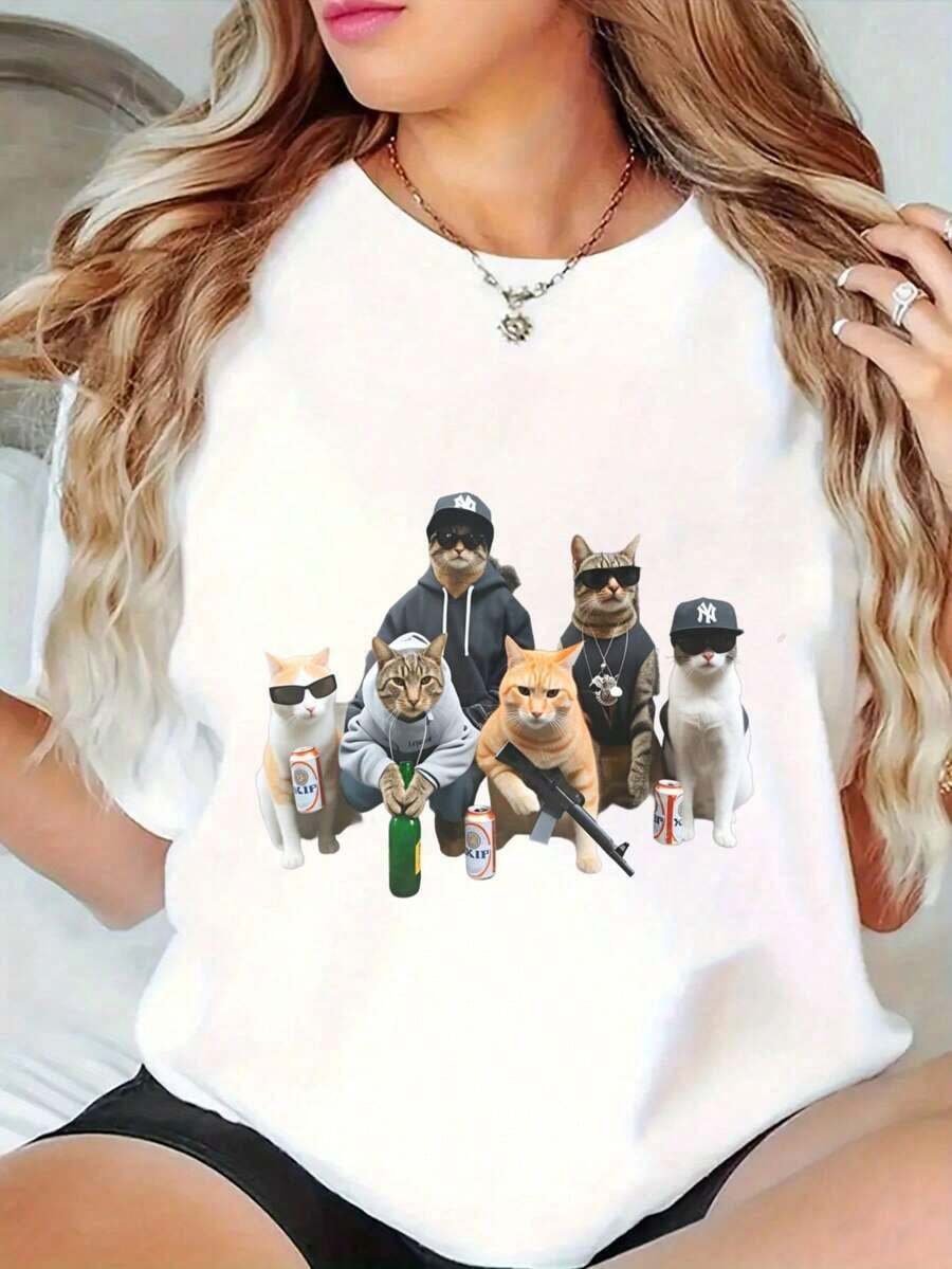 Camisetas Gráficas de Cuello Redondo Oversize para Mujer, Camiseta 100% Algodón, Estampado de Gatos en Ropa Urbana Sosteniendo Bebidas, Ropa Casual, Tops de Manga Corta Holgados para Primavera, Camisetas Básicas de Moda de Verano, Regalo de Ropa para Mujer - Estilo Urbano Vintage Unisex, Camiseta Holgada de Algodón de Manga Corta con Cuello Redondo, blusas para mujer, playeras de mujer, blusas casuales para dama. - Blanco - Ver 1