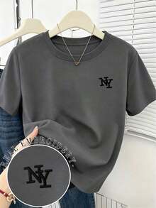 Camiseta de cuello redondo holgada con bordado de letra NY en negro, top casual de verano; Camiseta casual de manga corta gris claro, diseño elegante y cómodo, camiseta casual para exteriores - Gris Oscuro - Ver 5