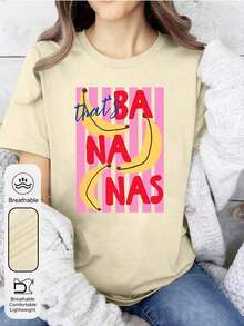 NewSummerCasualDrmWander Camiseta Casual Estampada con Rayas "That's Bananas" Estilo Fresco y Dulce, Ropa de Verano para Mujer, Conjuntos de Vacaciones para Mujer, Conjuntos de Playa para Mujer - Estilo Urbano Vintage, Unisex, Camiseta de Algodón Holgada de Manga Corta con Cuello Redondo - Albaricoque - Ver 3