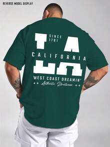 Fashion Casual T-Shirt - 100% Cotton, Regular Fit, Short Sleeve, Crew Neck, California LA West Coast Print, American Urban Style, Print Design, Perfect For Streetwear Or Everyday Wear, Or As A Gift - 深綠色 - 查看 8